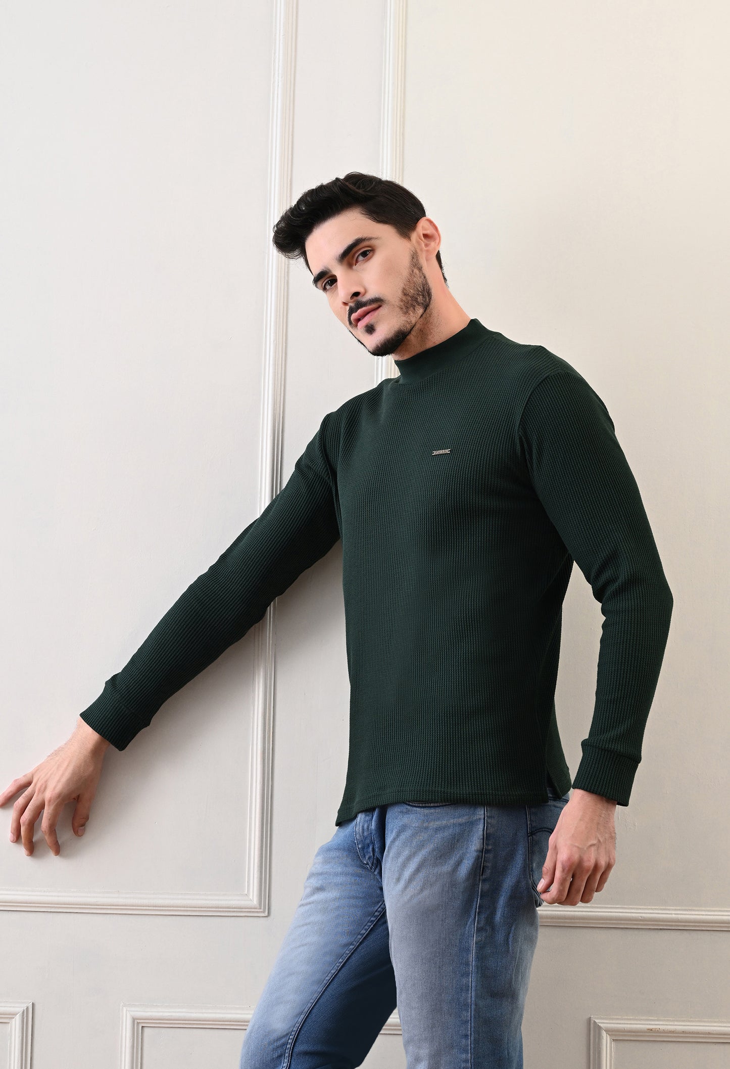 Men's Turtle Neck Textured Full Sleeve T-shirt