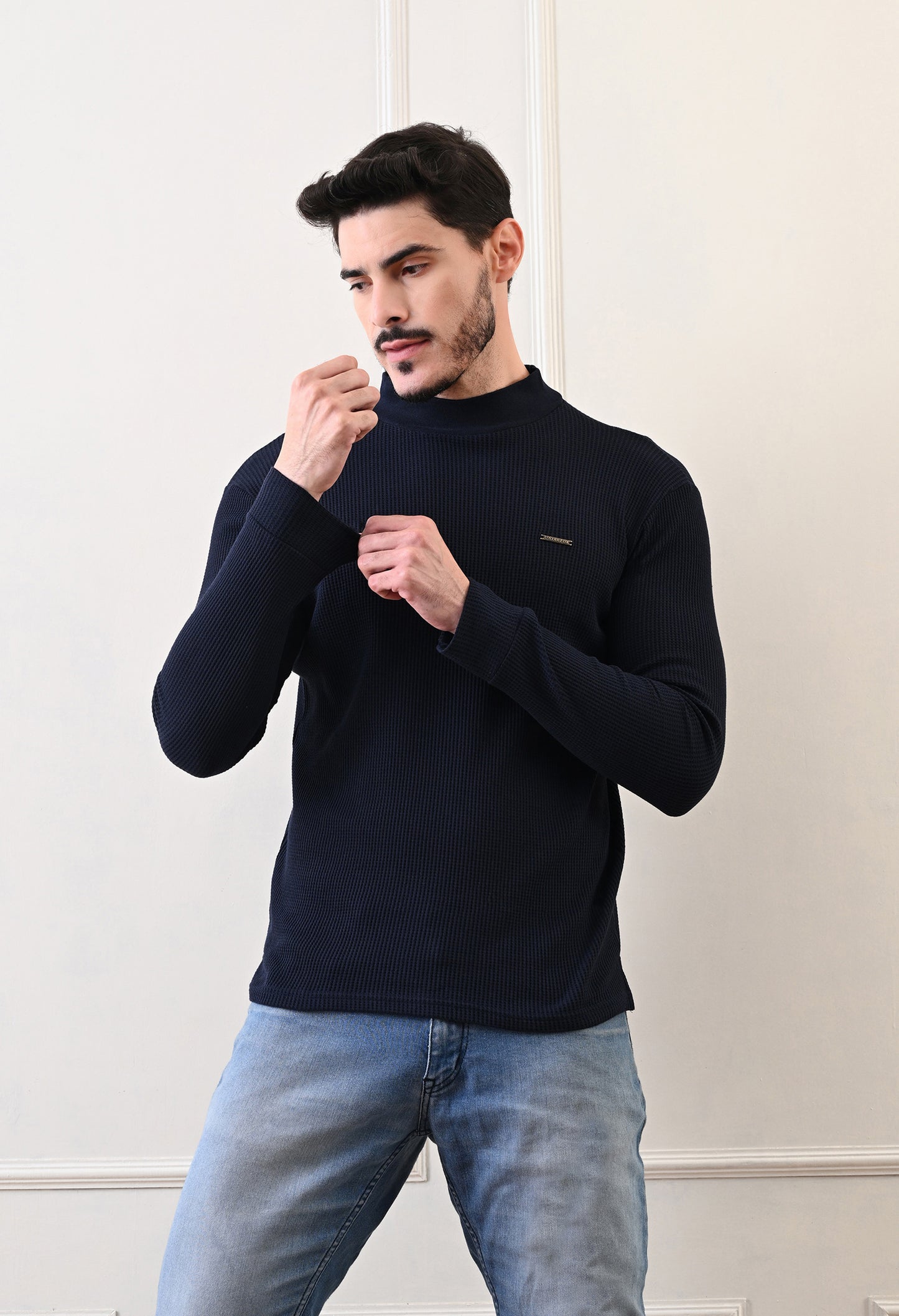 Men's Turtle Neck Textured Full Sleeve T-shirt