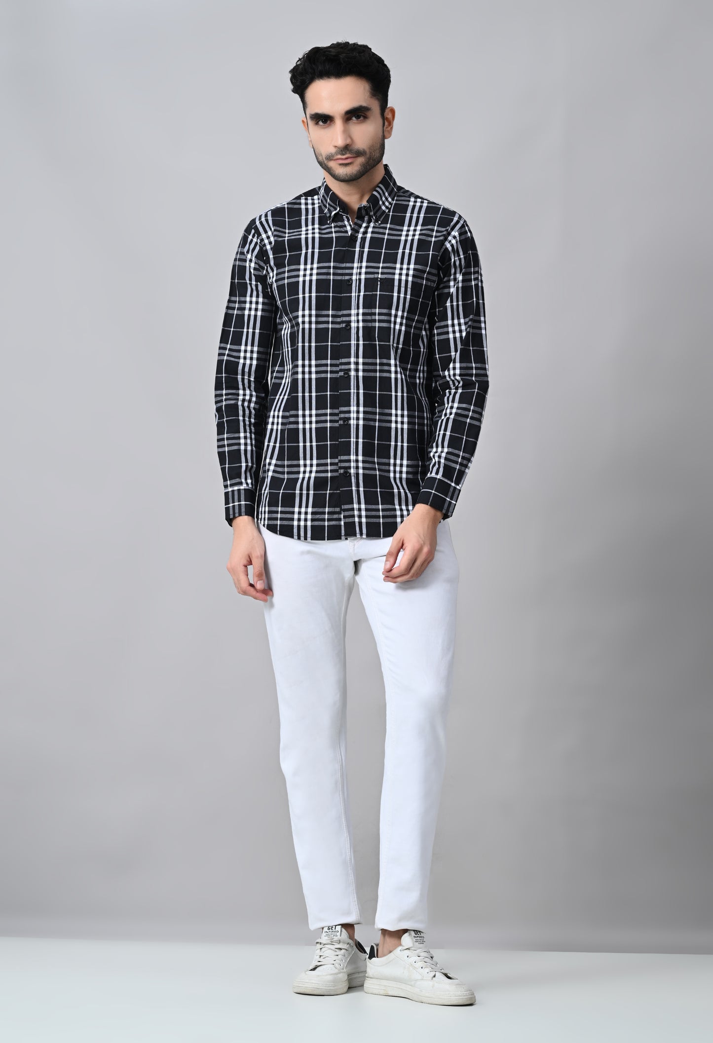 Black And White Slim Fit Checked Cotton Shirt