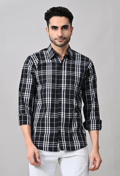 Black And White Slim Fit Checked Cotton Shirt