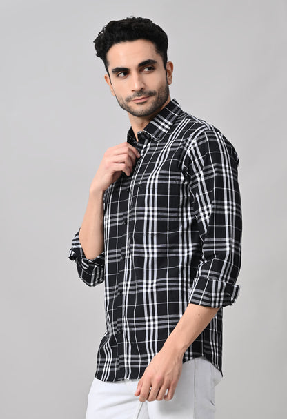 Black And White Slim Fit Checked Cotton Shirt