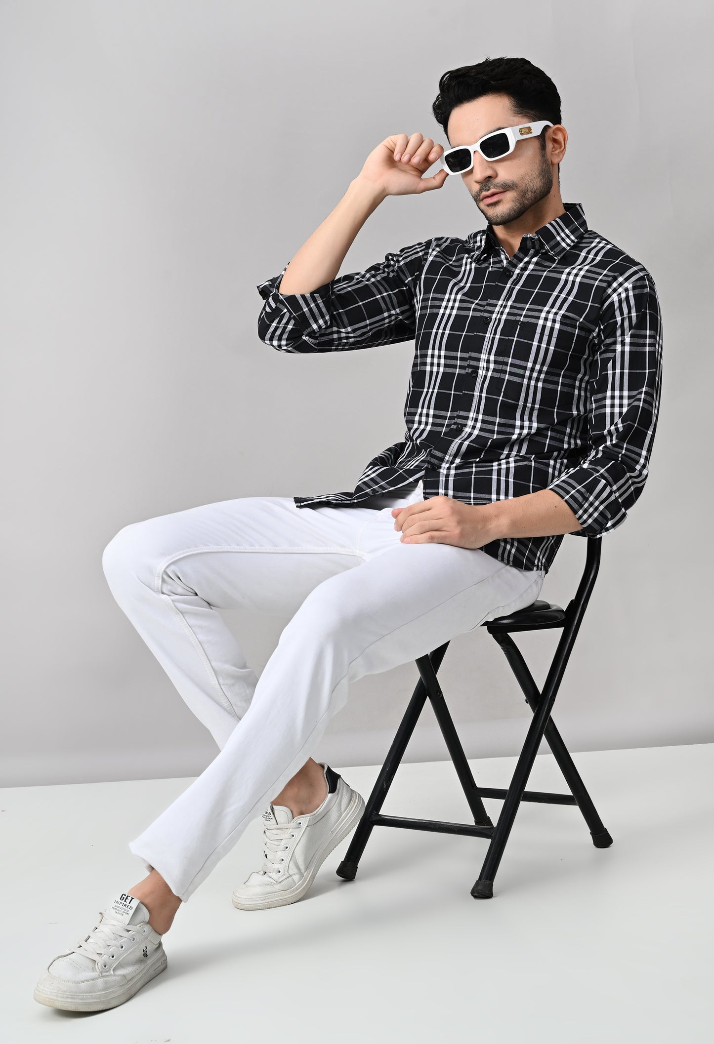 Black And White Slim Fit Checked Cotton Shirt