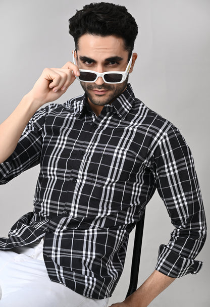 Black And White Slim Fit Checked Cotton Shirt