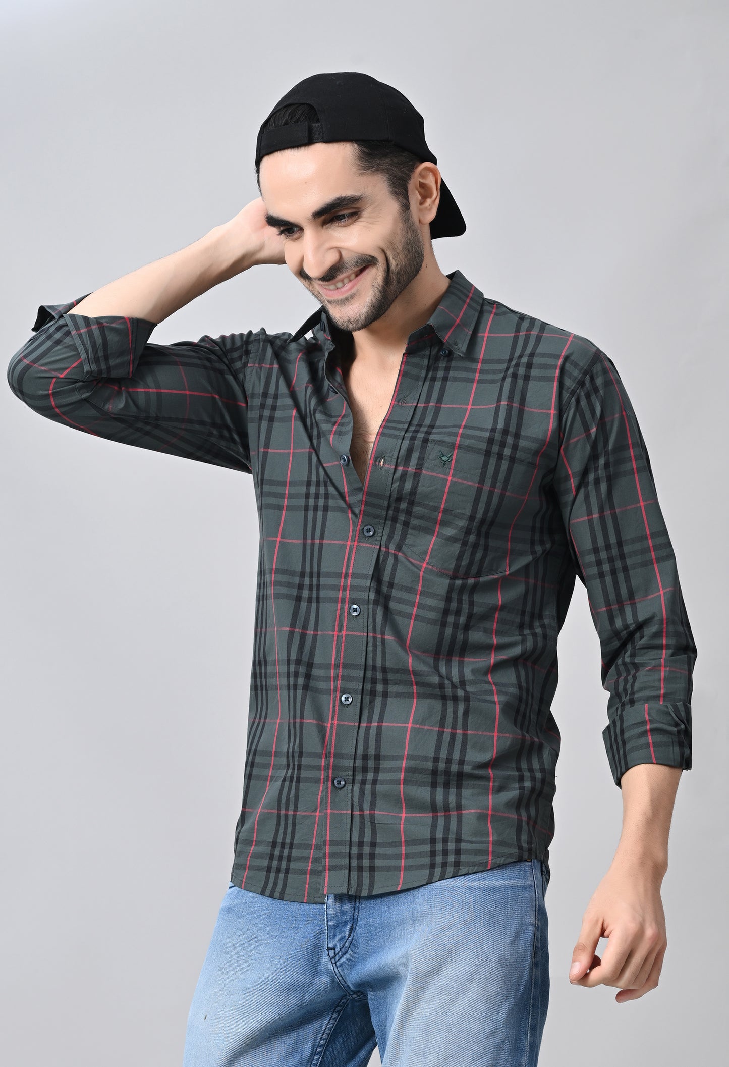 Grey and Red Slim Fit Checked Cotton Shirt