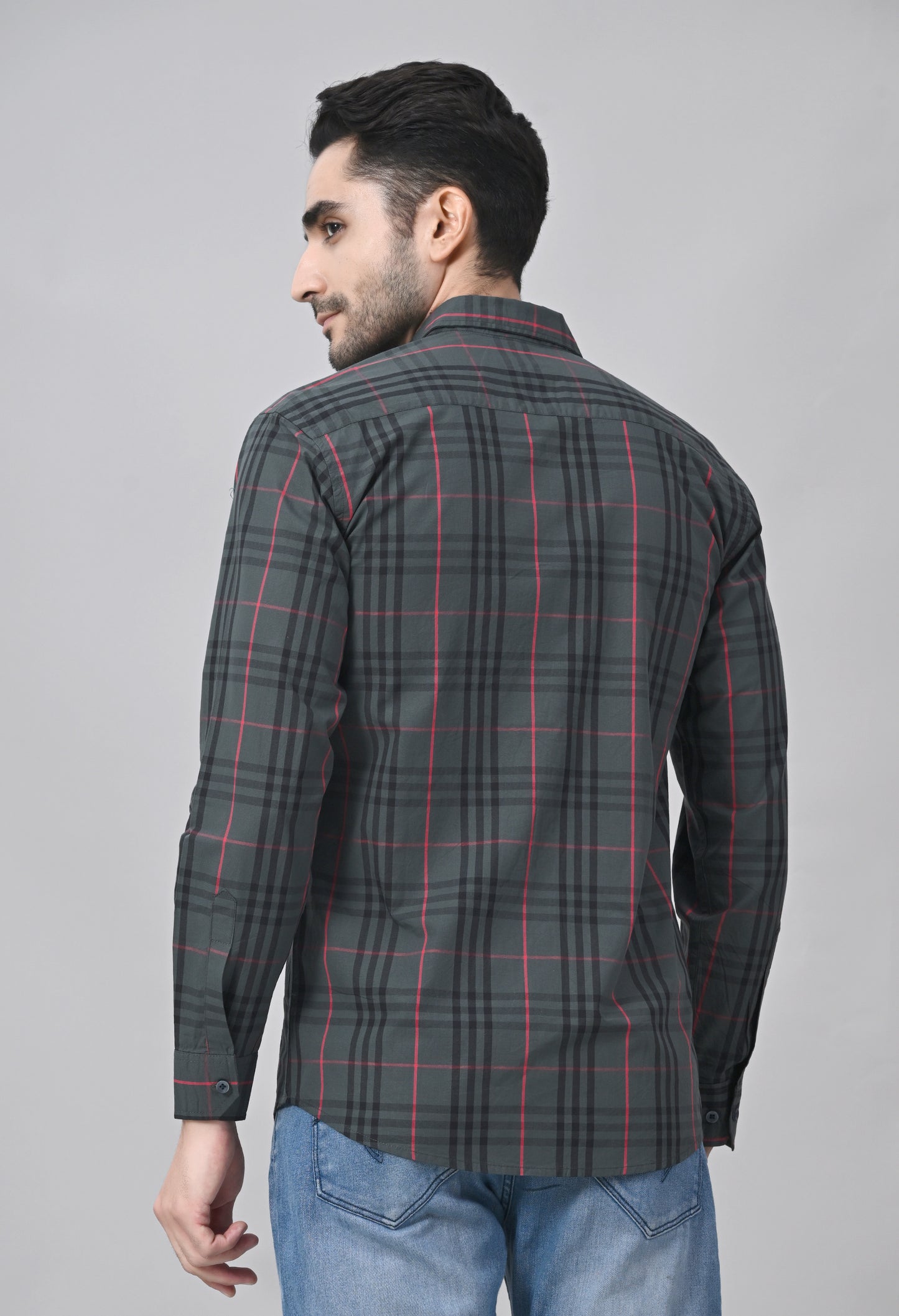 Grey and Red Slim Fit Checked Cotton Shirt