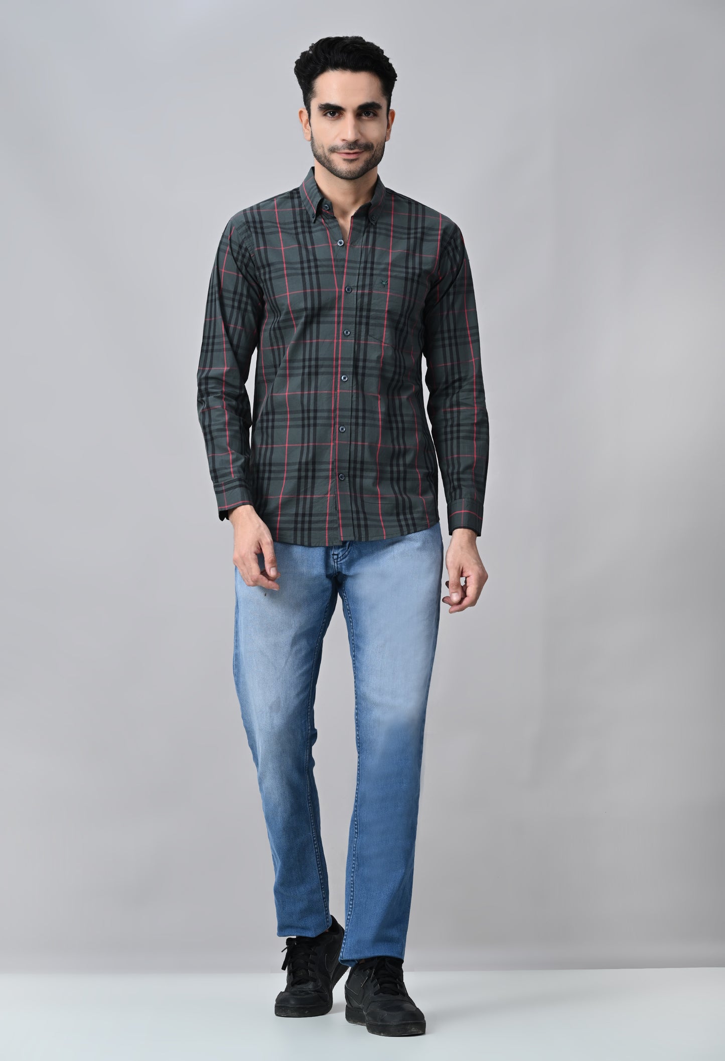 Grey and Red Slim Fit Checked Cotton Shirt