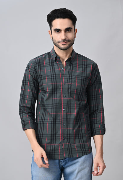 Grey and Red Slim Fit Checked Cotton Shirt