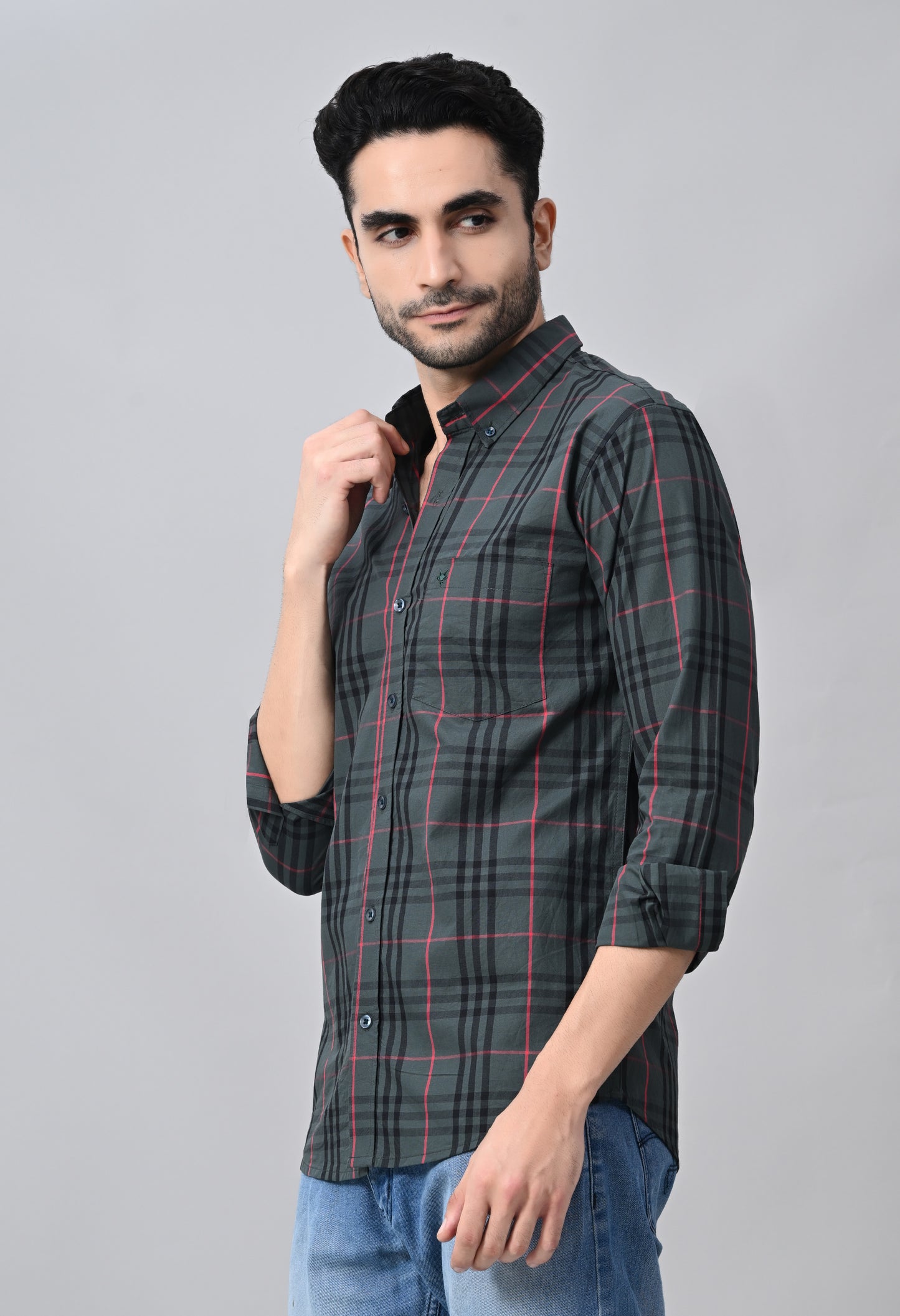 Grey and Red Slim Fit Checked Cotton Shirt