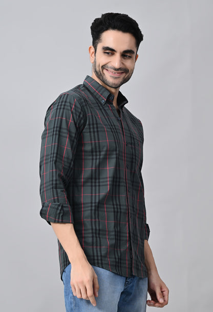 Grey and Red Slim Fit Checked Cotton Shirt