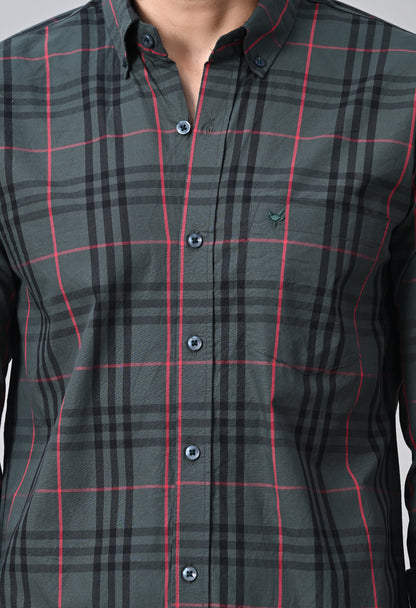 Grey and Red Slim Fit Checked Cotton Shirt