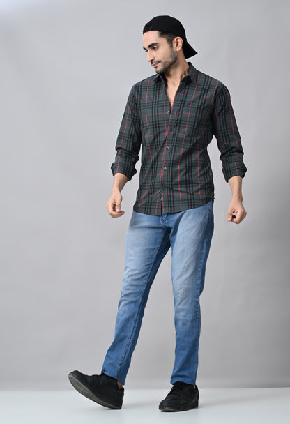 Grey and Red Slim Fit Checked Cotton Shirt