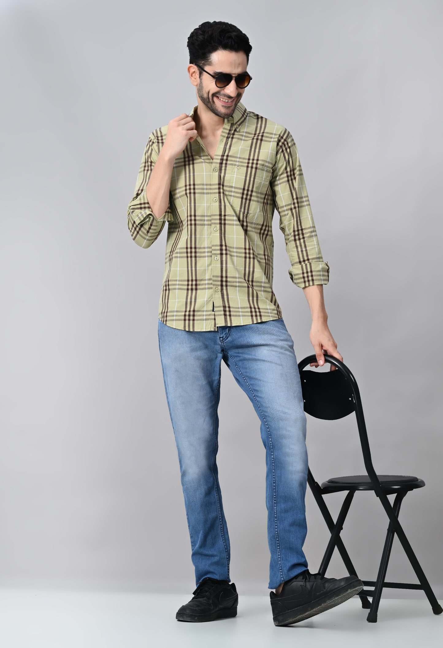 Light Olive and Brown Checked Cotton Shirt