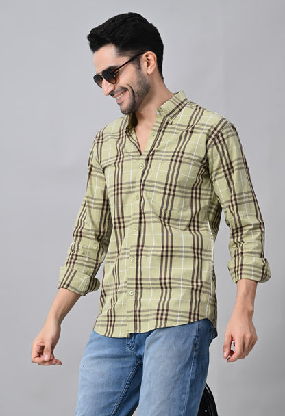 Light Olive and Brown Checked Cotton Shirt