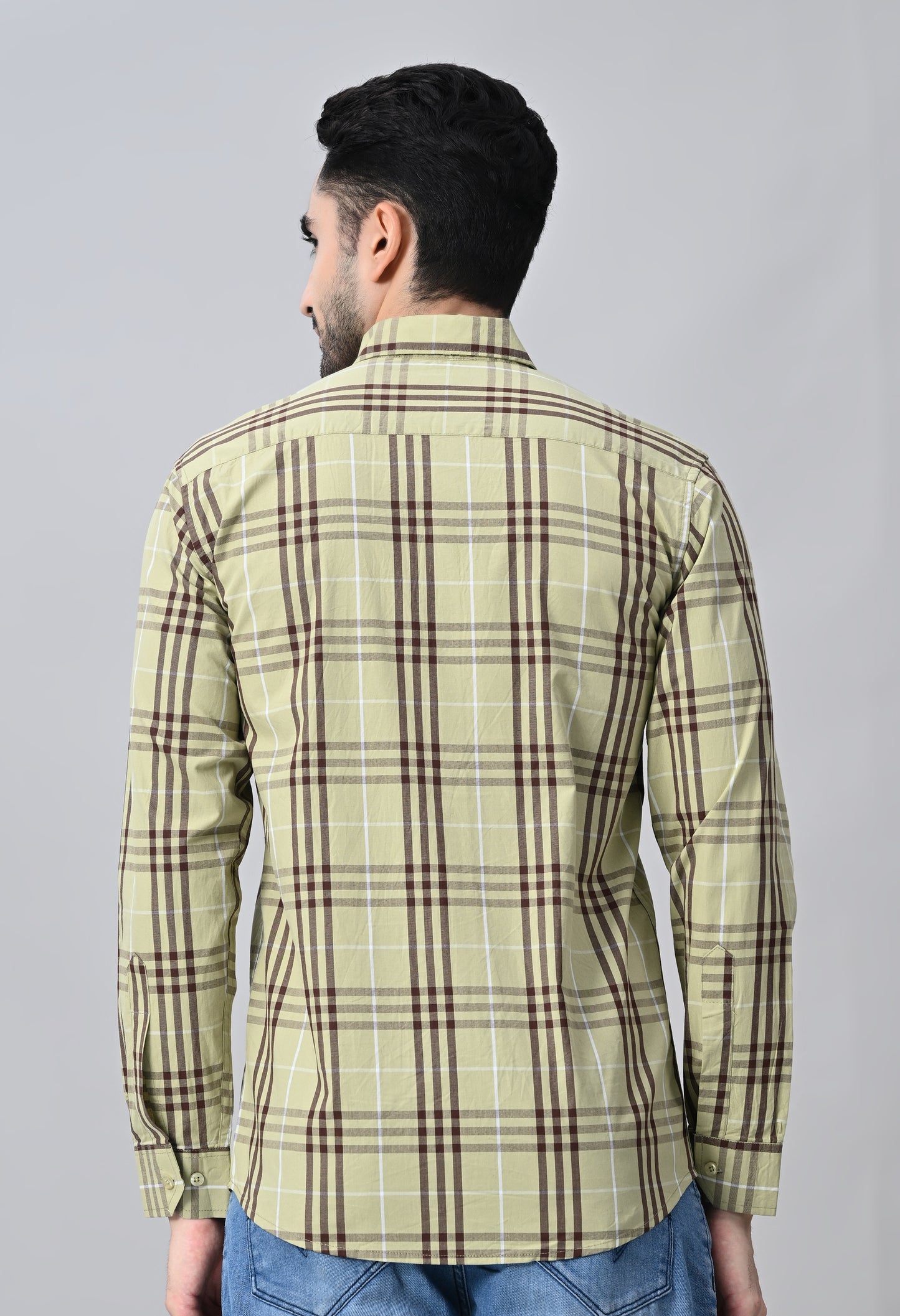 Light Olive and Brown Checked Cotton Shirt