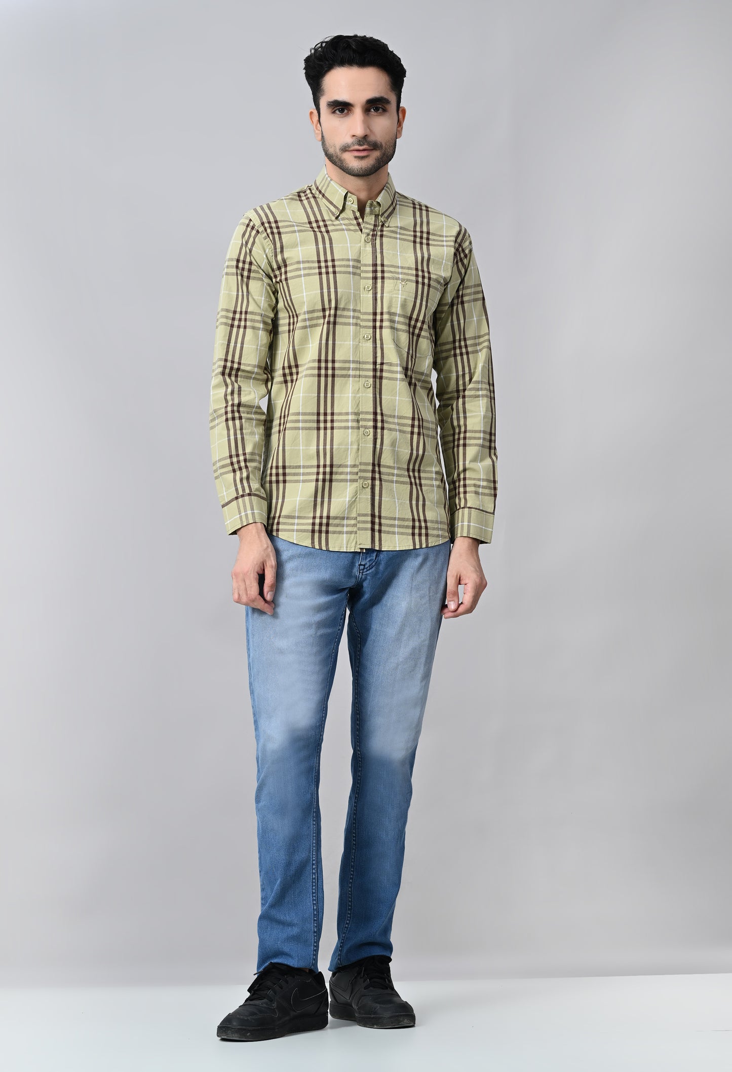 Light Olive and Brown Checked Cotton Shirt