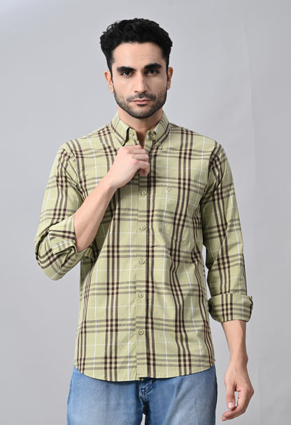 Light Olive and Brown Checked Cotton Shirt