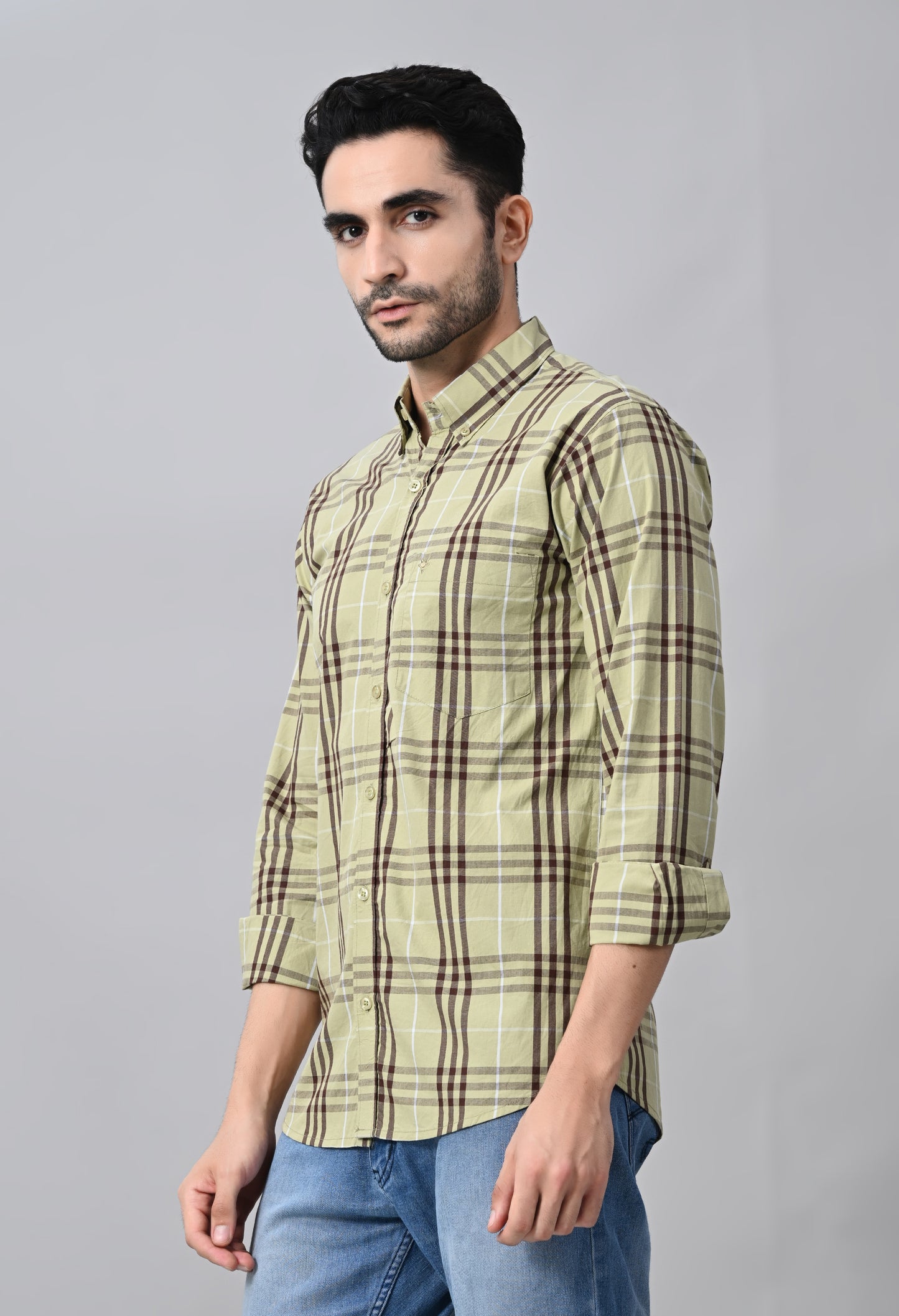 Light Olive and Brown Checked Cotton Shirt