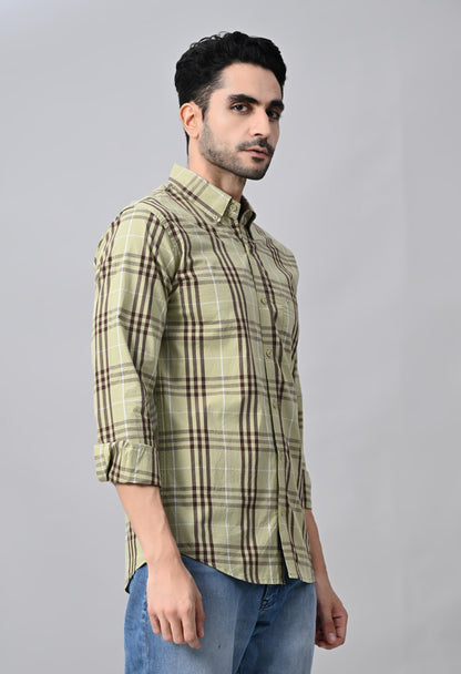 Light Olive and Brown Checked Cotton Shirt