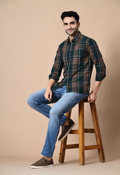 Green and Brown Checked Formal Shirt