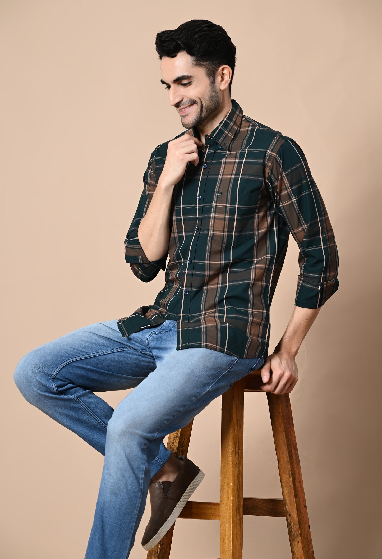 Green and Brown Checked Formal Shirt