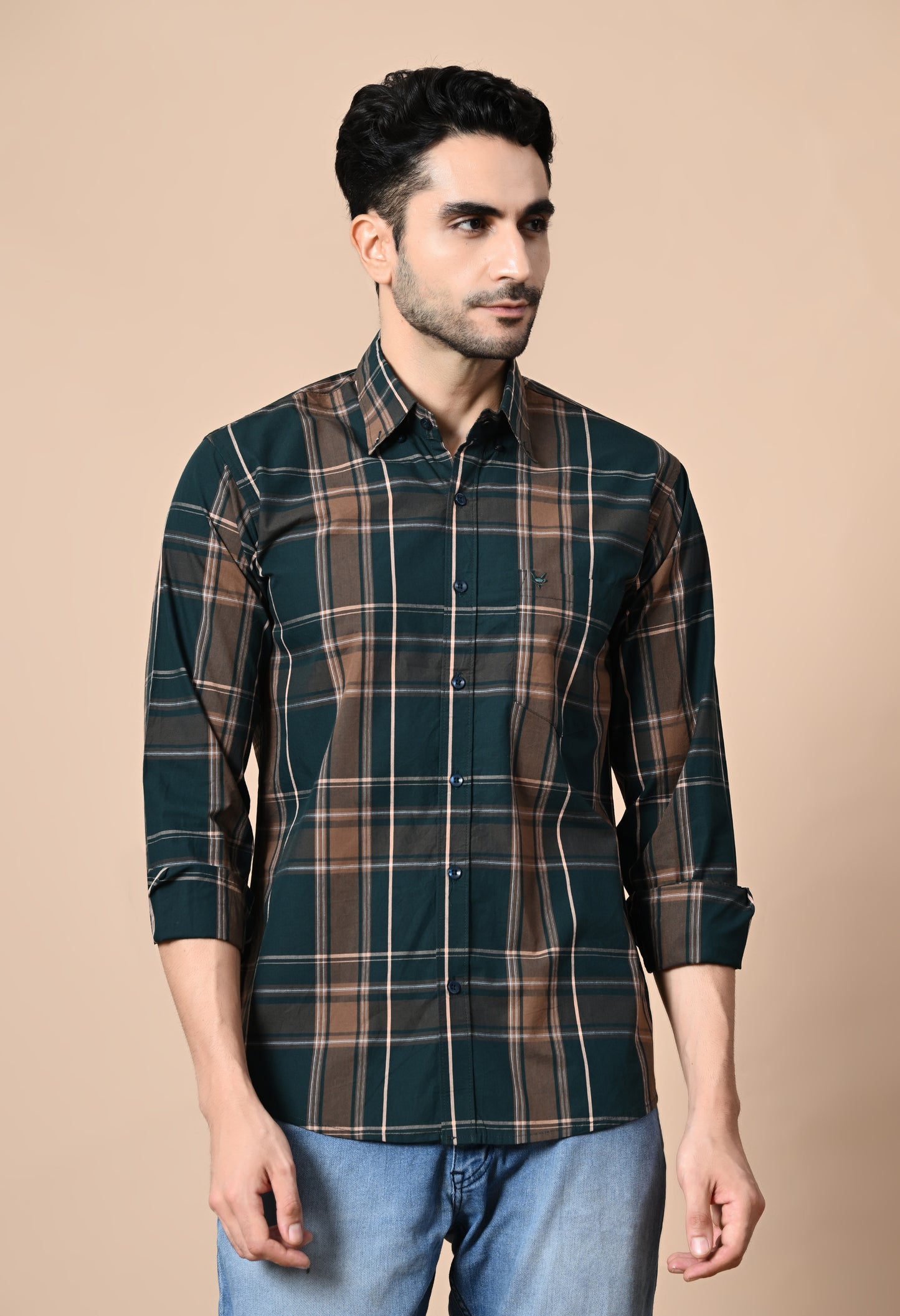 Green and Brown Checked Formal Shirt