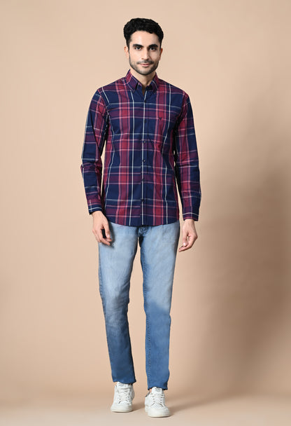 Navy and Maroon Checked Formal Shirt