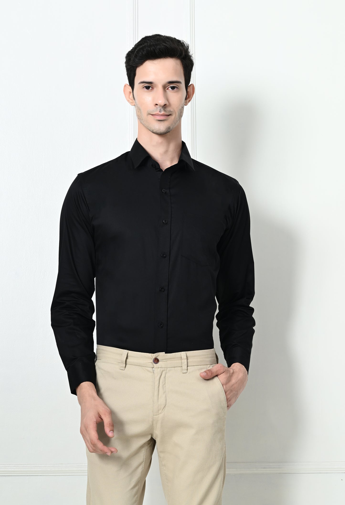 Raven Black Solid Formal Cotton Shirt