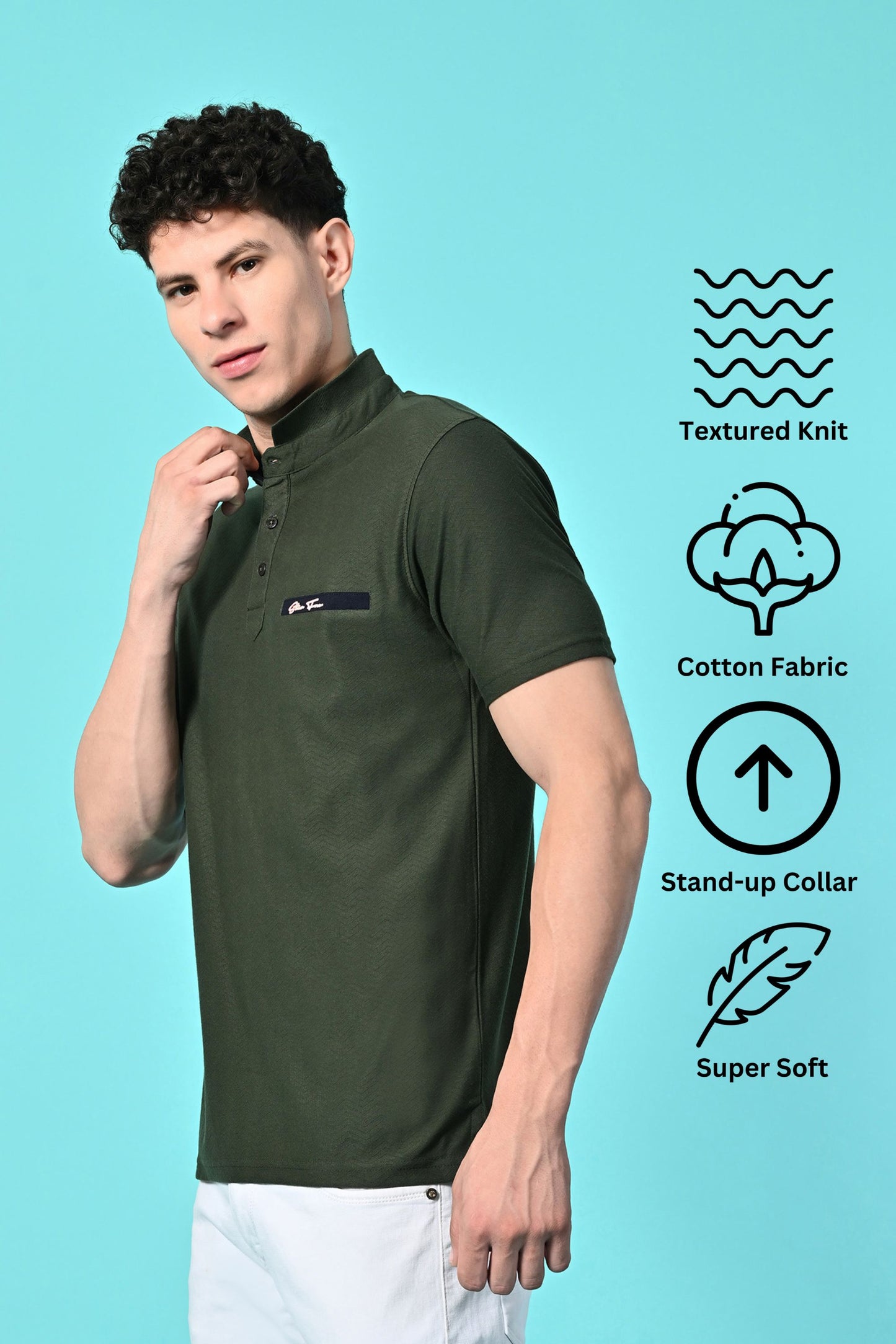 Men's Self Texture Stand Up Collar Polo