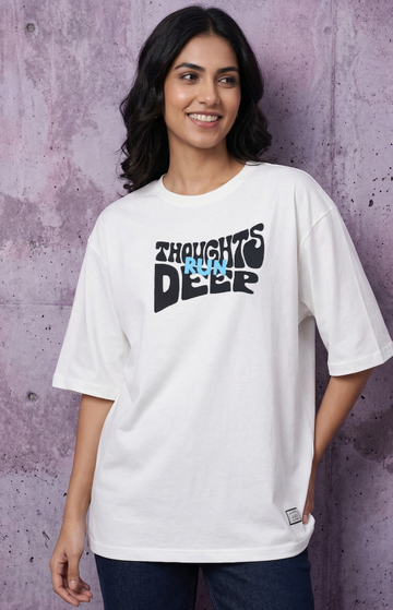 Women's Printed Oversized Drop Shoulder 100% Cotton T-Shirt with Puff Print - Cream