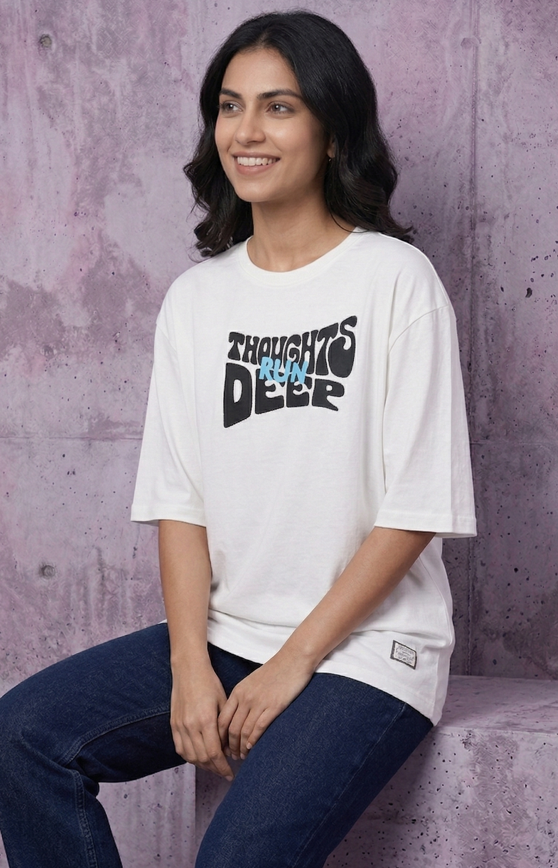 Women's Printed Oversized Drop Shoulder 100% Cotton T-Shirt with Puff Print - Cream