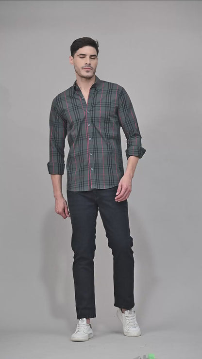 Grey and Red Slim Fit Checked Cotton Shirt